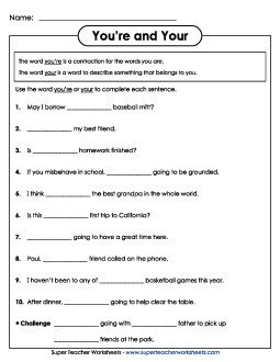 Your and You\'re (Homophones) 3rd Grade ELA Worksheet