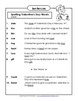 Spelling Test Sentences (A-Valentine\'s Day)  Spelling A Worksheet