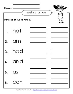 Write Twice (A-1) Free Spelling A Worksheet