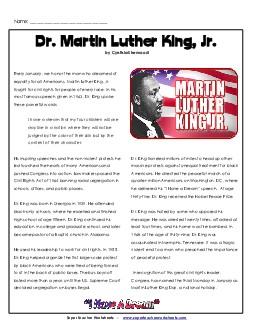 Martin Luther King Jr. (Higher Reading Level) Reading Comprehension Worksheet