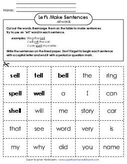 Make Sentences: Word Cards (-ell) Word Families Worksheet