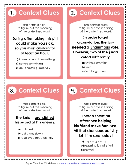 New Context Clues Task Cards (Advanced) Worksheet