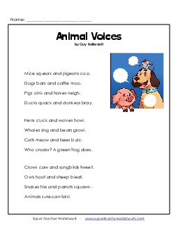 Animal Voices 2nd Grade Reading Comprehension Worksheet