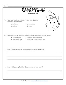 Questions for Chapters 6-10 Book Because Of Winn Dixie Worksheet