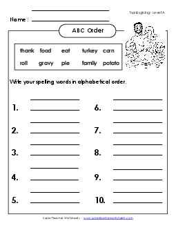 ABC Order: Write List (A-Thanksgiving)  Spelling A Worksheet