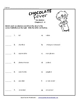 Vocabulary for Chapters 3-4 Book Chocolate Fever Worksheet