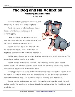 The Dog and His Reflection (Fiction)  4th Grade Reading Comprehension Worksheet