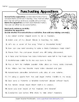 New Punctuating Appositives (Extra Practice) Worksheet