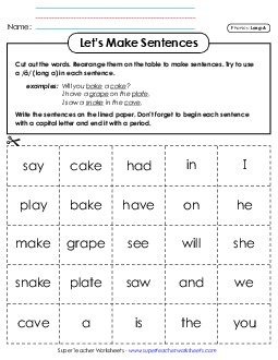 Let\'s Make Sentences: Long A Words Phonics Long Short A Worksheet