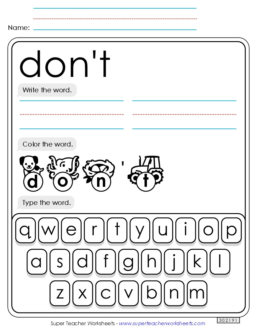 Write, Color, Type: Don\'t Sight Words Individual Worksheet