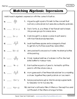 Matching Algebraic Expressions (Two Steps) Worksheet