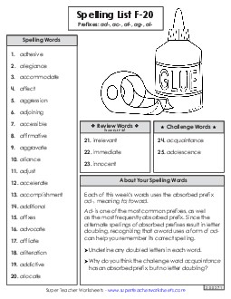 Spelling Word List (F-20) Spelling F Worksheet