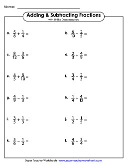 Adding and Subtracting Fractions w/ Like Denominators (Horizontal) Worksheet