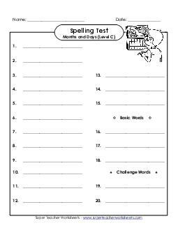 Spelling Test (C-Months and Days)  Spelling C Worksheet