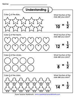 Understanding One-Half Fractions Worksheet