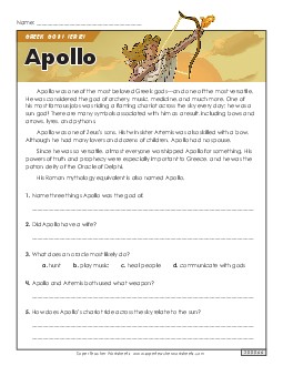 Greek Gods Series: Apollo Reading Comprehension Reading Comp Short Worksheet