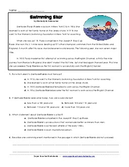 Gertrude Ederle  4th Grade Reading Comprehension Worksheet