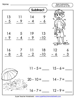 Basic Subtraction Facts: Beach  Worksheet