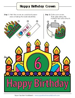 Birthday Crown: Age 6 (Full Color) Worksheet