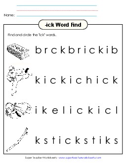 Circle the Words (-ick) Word Families Worksheet