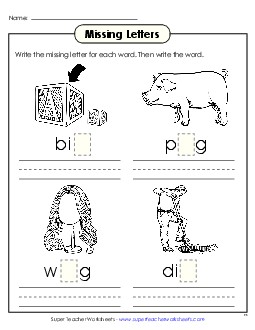 Missing Letters (-ig) Word Families Worksheet