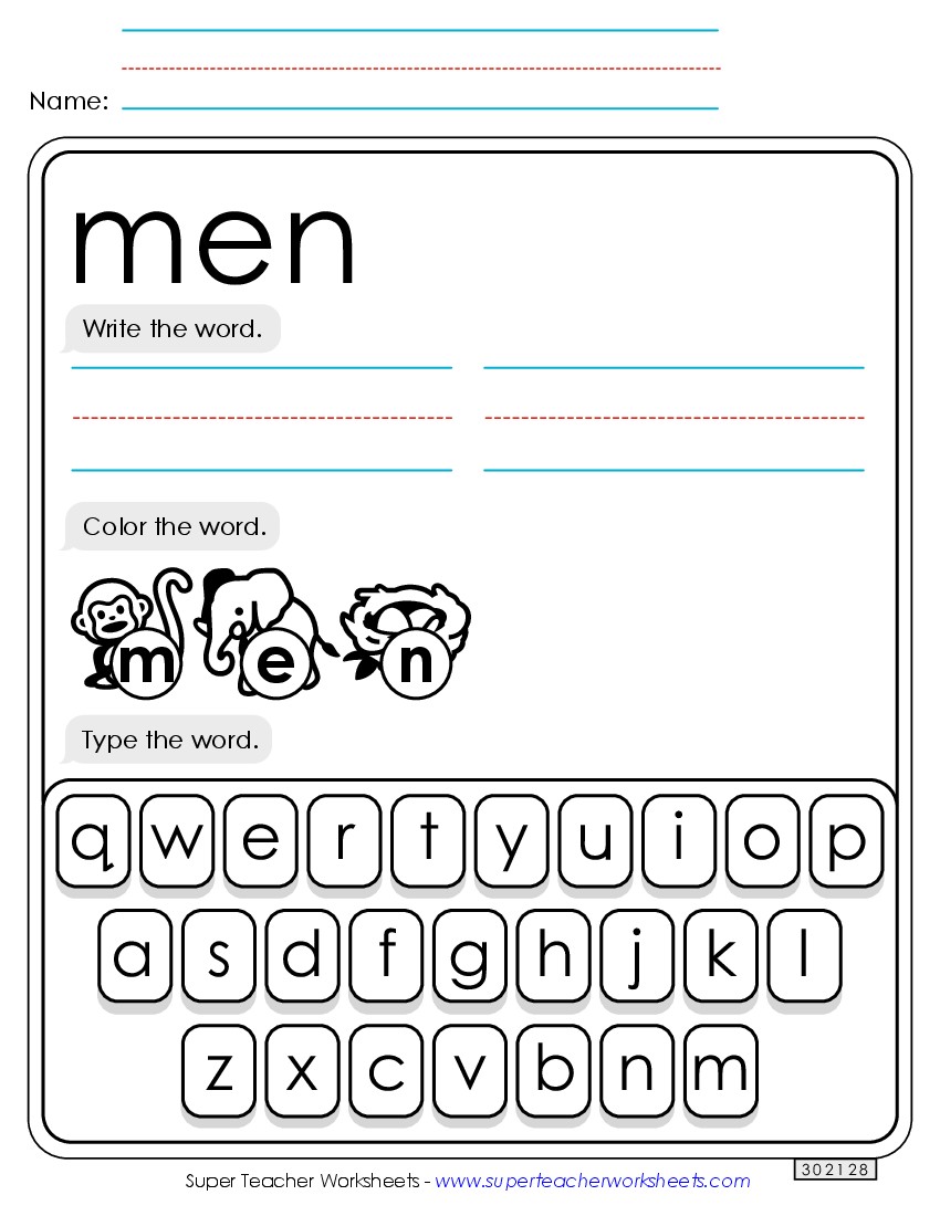 Write, Color, Type: Men Sight Words Individual Worksheet