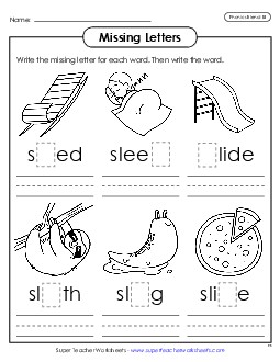 Missing Letters (Sl- Words) Phonics Blends Worksheet