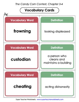 Vocabulary Cards for Chapters 3-4 Book Candy Corn Contest Worksheet