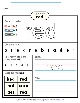 Worksheet 4: Red Free Sight Words Individual Worksheet