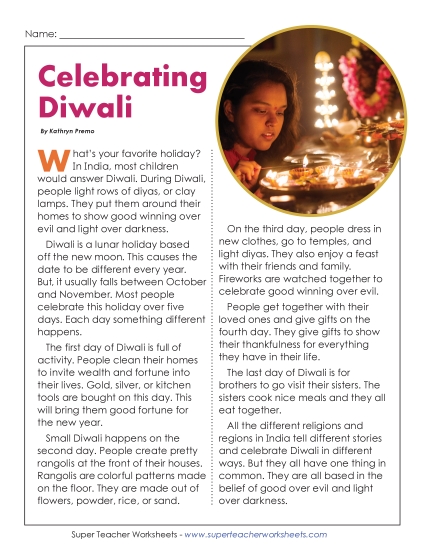New Celebrating Diwali (4th Grade Reading Level) Worksheet New Celebrating Diwali (4th Grade Reading Level) Worksheet