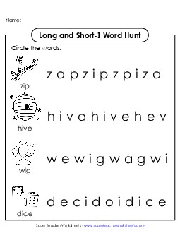 Long and Short I: Horizontal Word Hunt Phonics Long Short I Worksheet