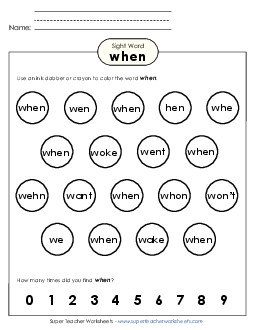 Dab or Color: When Sight Words Individual Worksheet