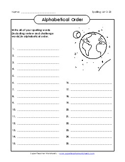 ABC Order: Write List (D-28) Spelling D Worksheet