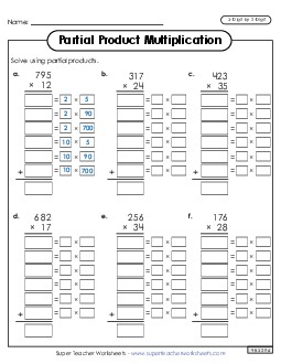 Write Out the Factors (Partial Products: 3-Digit by 2-Digit) Multiplication Worksheet