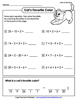 Math Riddle: Cat\'s Favorite Color Order Of Operations Worksheet