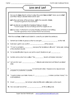 Loss and Lost Commonly Confused Words Worksheet