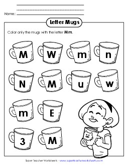 Letter M m Recognition - Mugs Alphabet Worksheet