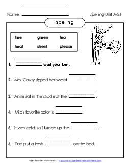 Complete the Sentences (A-21) Spelling A Worksheet