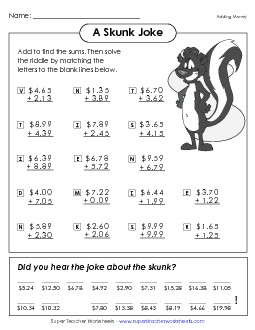 Math Riddle: Skunk Joke Addition Worksheet