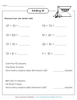 Adding 10 (Horizontal w/ Word Problems) Addition Worksheet