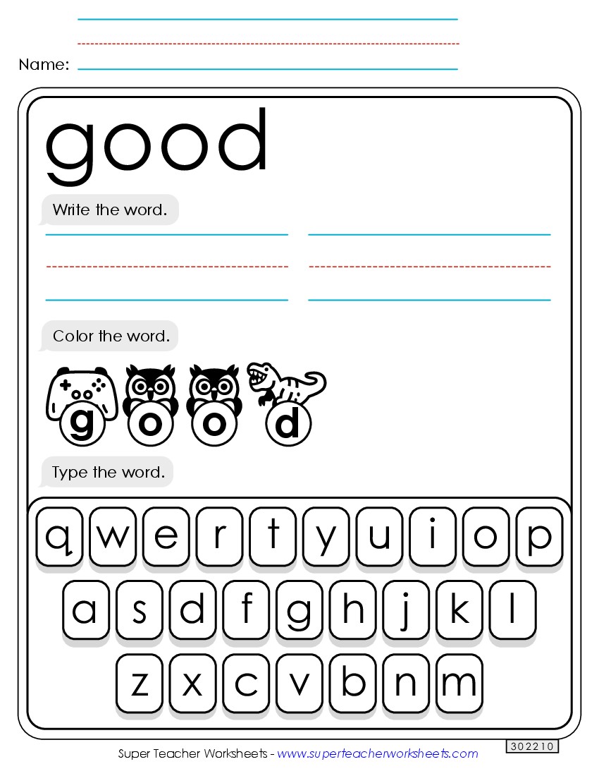 Write, Color, Type: Good Sight Words Individual Worksheet