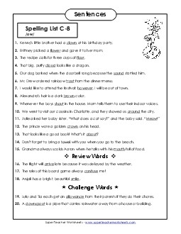 Spelling Test Sentences (C-8) Spelling C Worksheet