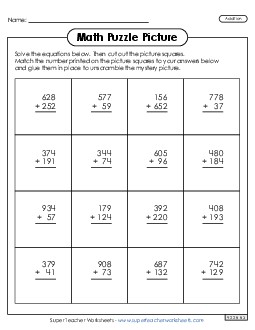 Math Puzzle Picture  (3-Digit Addition) Free Worksheet