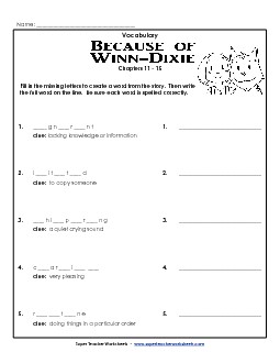 Vocab. for Chapters 11-15 Book Because Of Winn Dixie Worksheet