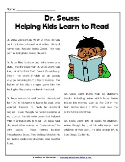 Dr. Seuss: Helping Kids Learn to Read 4th Grade Reading Comprehension Worksheet