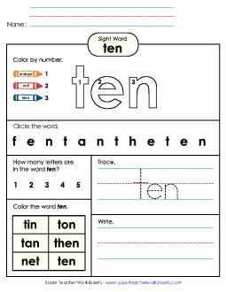 Worksheet 4: Ten Sight Words Individual Worksheet