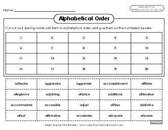 Alphabetical Order: Cut-Glue (F-20) Spelling F Worksheet