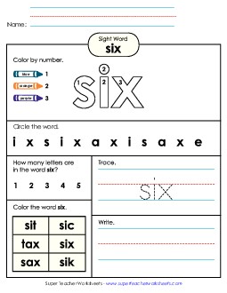 Worksheet 4: Six Sight Words Individual Worksheet