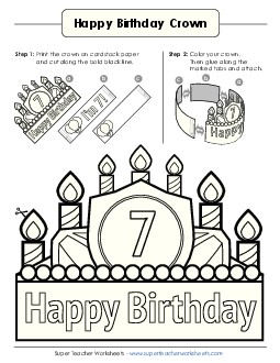 Birthday Crown: Age 7 (B&W) Worksheet