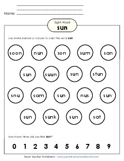 Dab or Color: Sun Sight Words Individual Worksheet